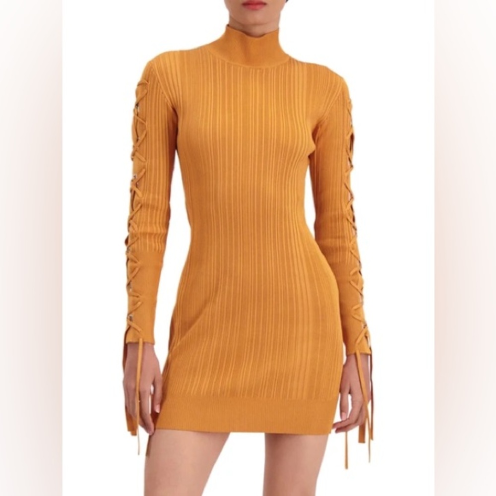 Herve Leger Ribbed Side Long Sleeve Lace Up Dress Sz L - Picture 2 of 3